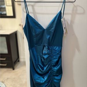Sleek Blue Satin Dress with Ruched Detail